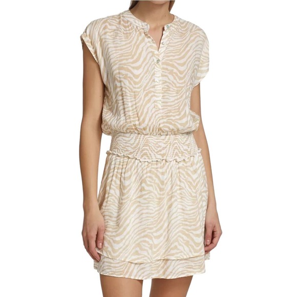 Rails Dresses & Skirts - Rails Angelina Linen Blend Mini Dress Size S Tan Abstract Tiger Smocked Waist
